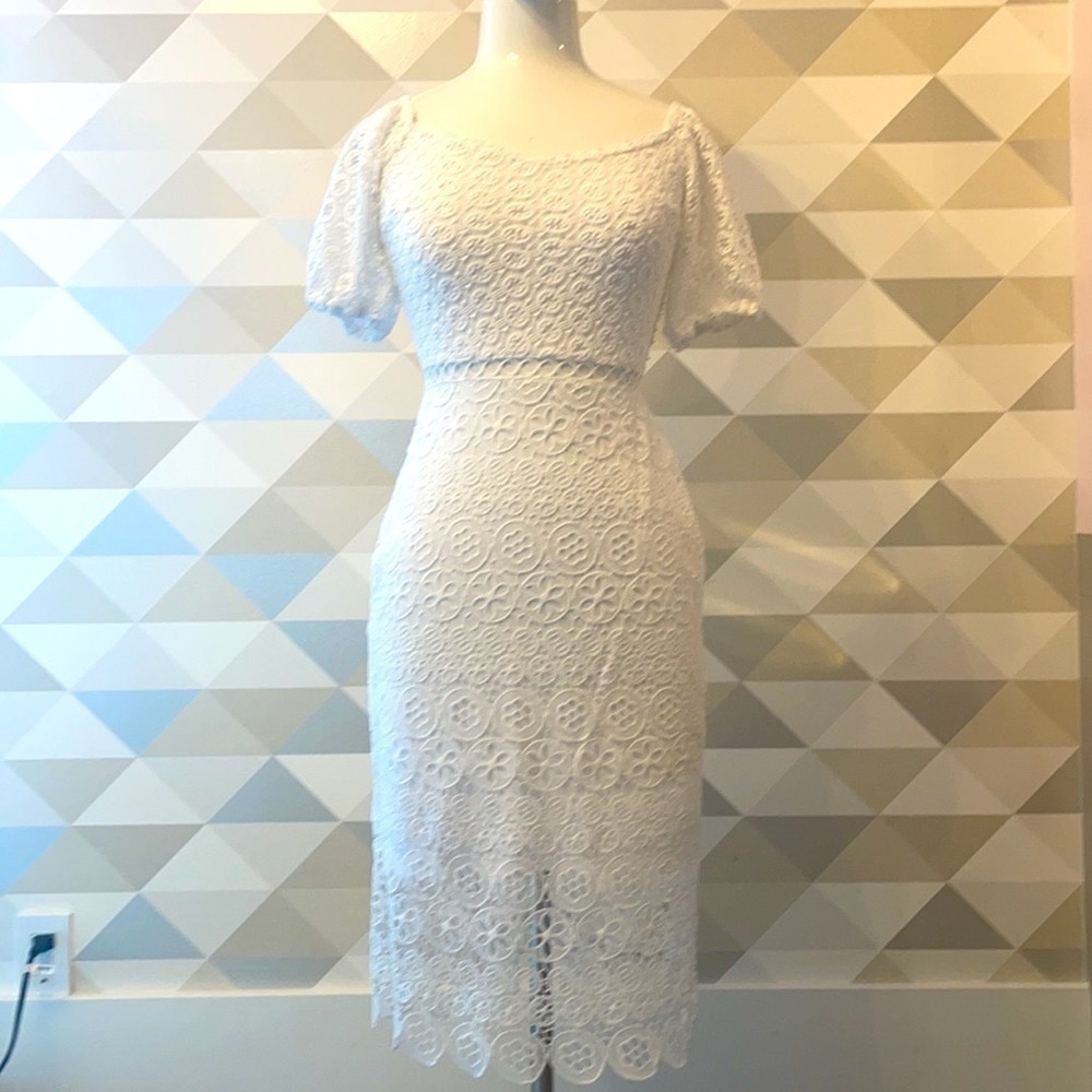 Express OFF THE SHOULDER CROCHET LACE MIDI DRESS